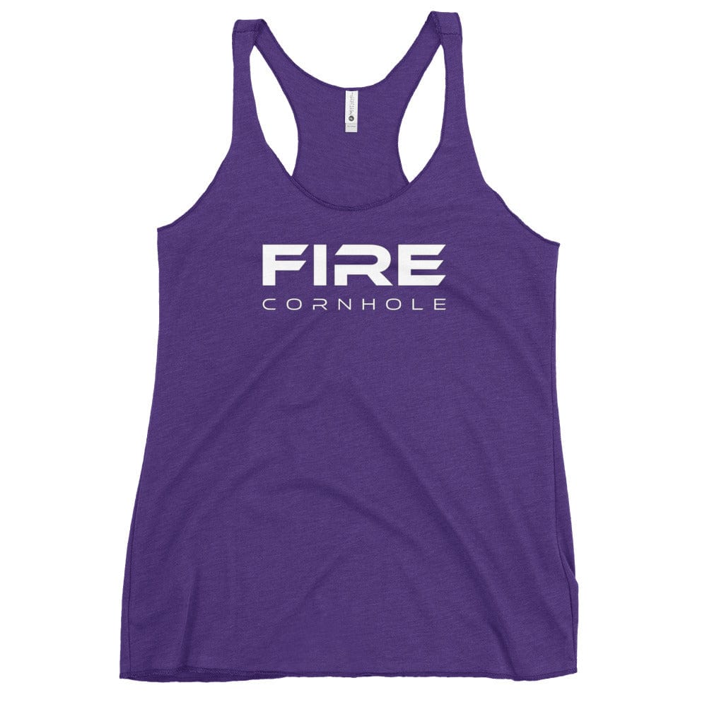 Heathered purple women's racerback tank top with Fire Cornhole logo in white