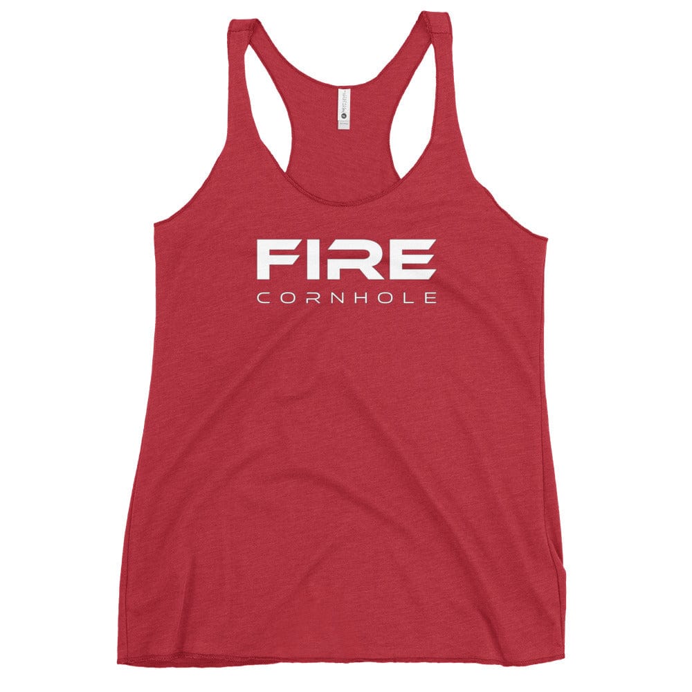 Heathered red women's racerback tank top with Fire Cornhole logo in white