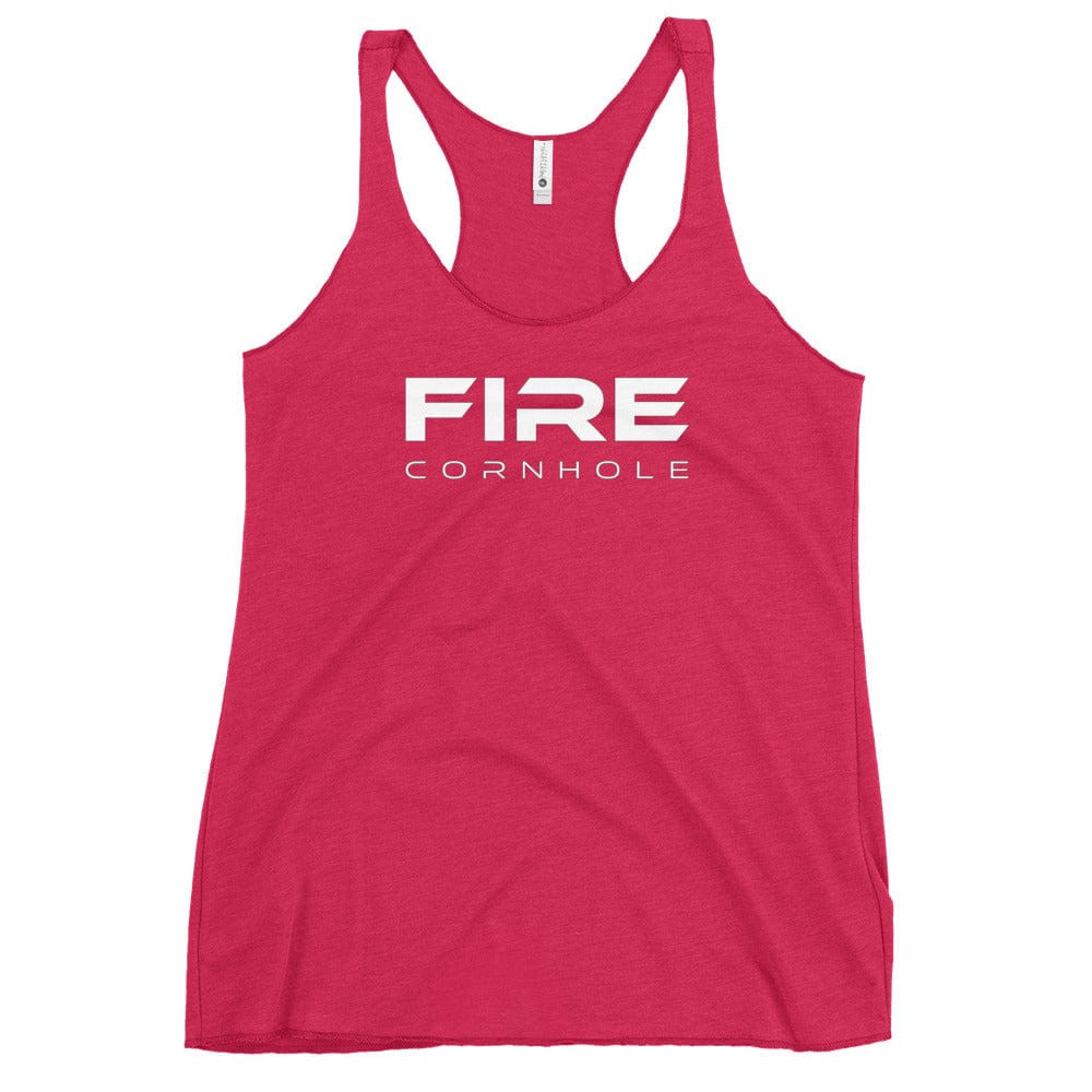 Heathered pink women's racerback tank top with Fire Cornhole logo in white
