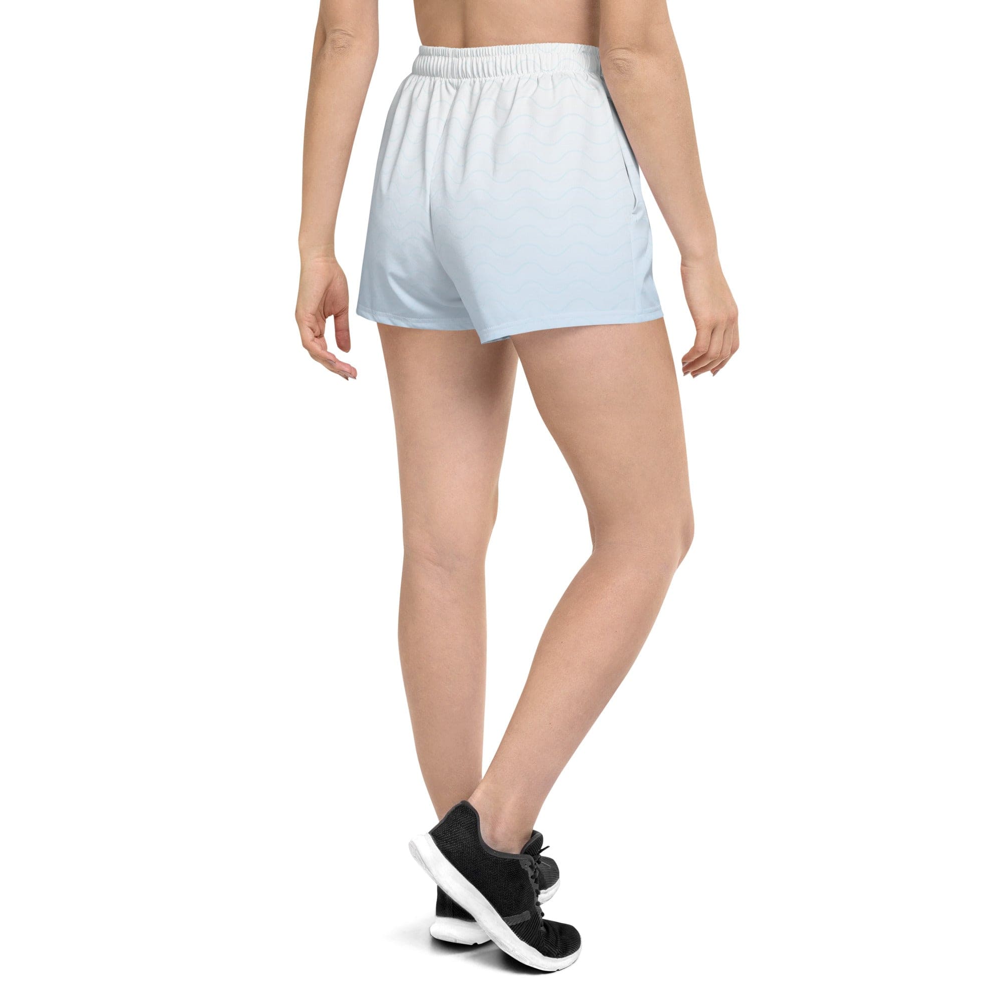 White women's athletic shorts with black Fire Cornhole logo