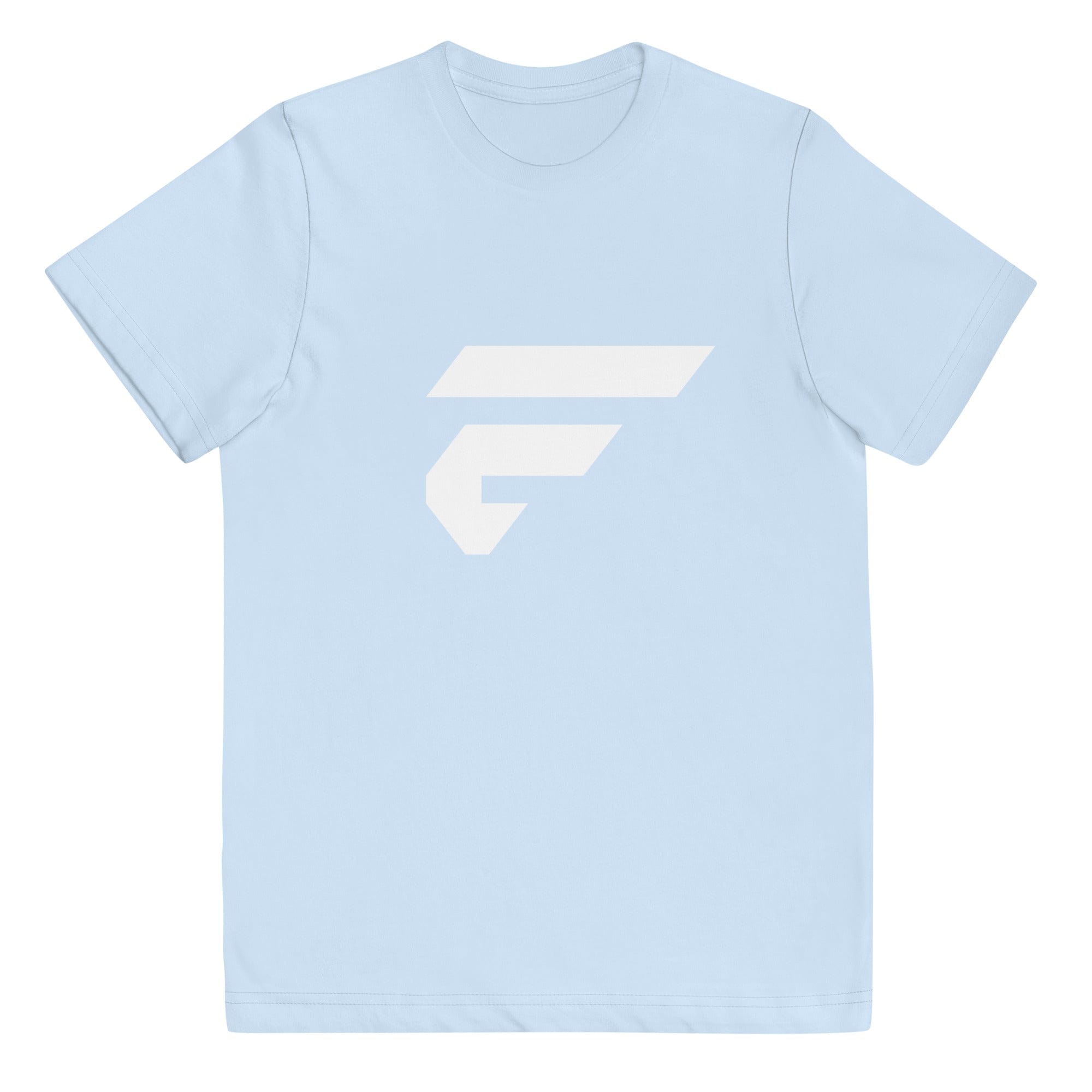 Youth light blue cotton jersey T-shirt with white Fire Cornhole F logo